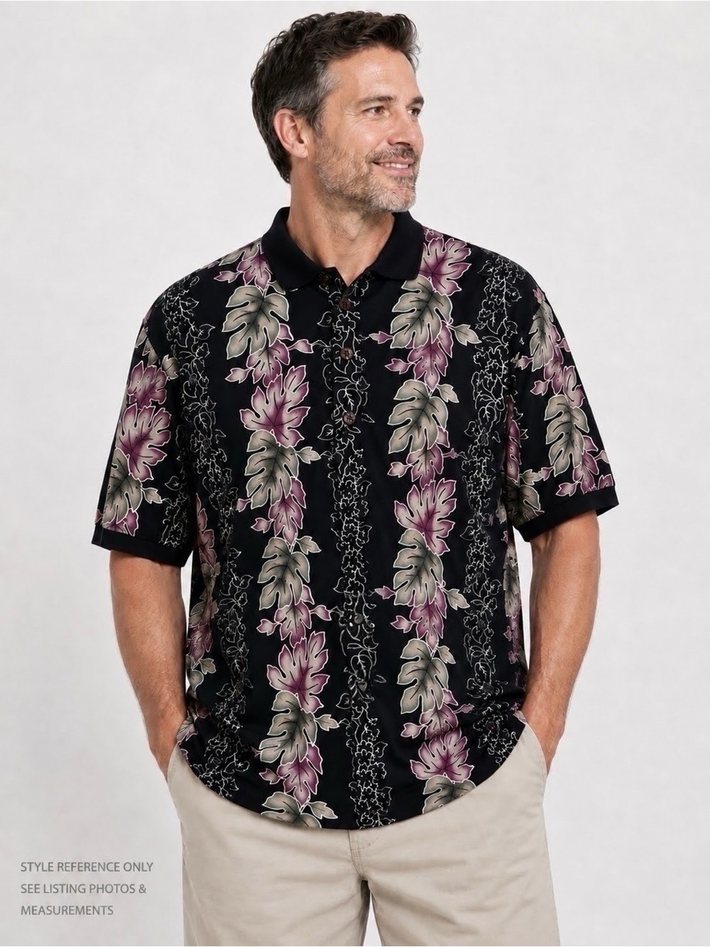 Men's Black Floral Polo Shirt with Purple Accent